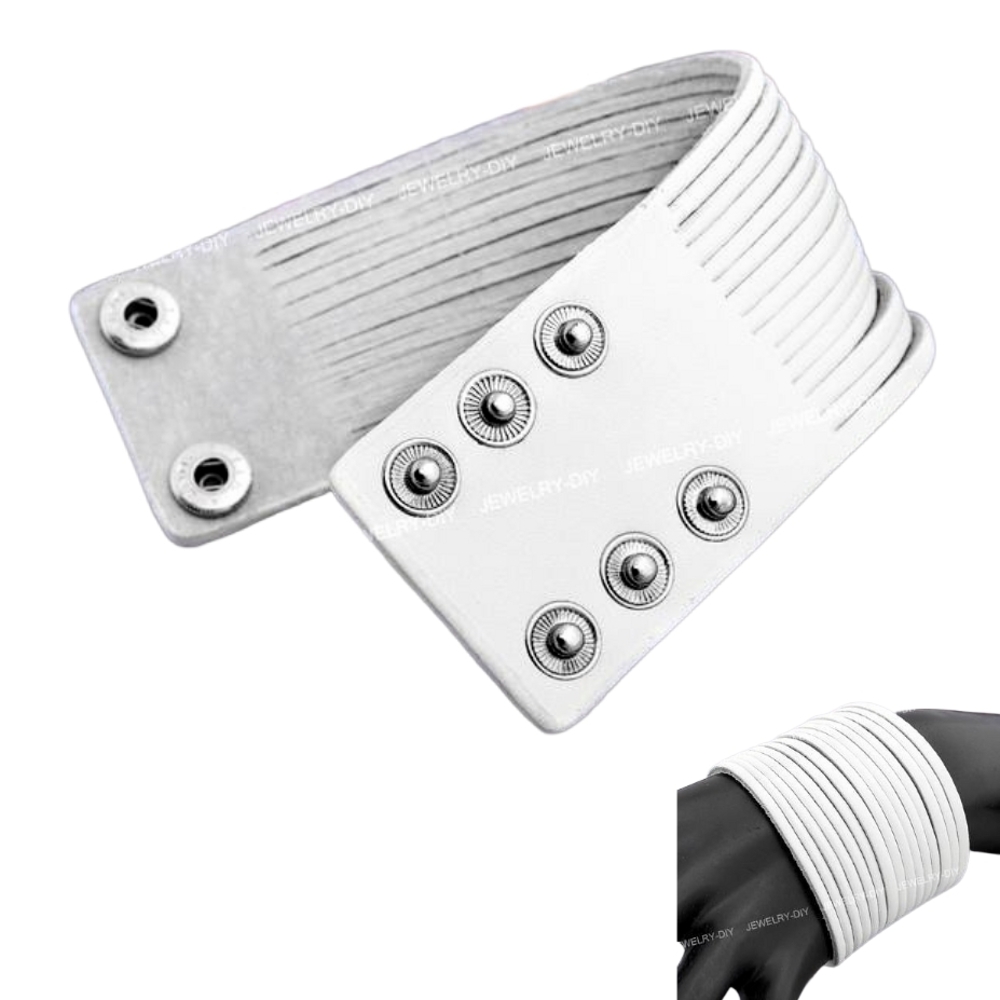 White Leather Snap Cuff Multi Layer Bracelet